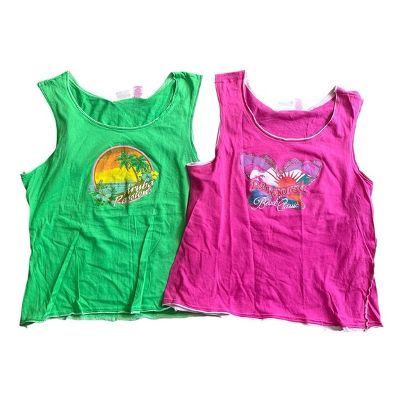 Xhilaration Tops - Tropical Paradise Women’s Tank Tops - Green & Pink XL Y2K Vacation Summer